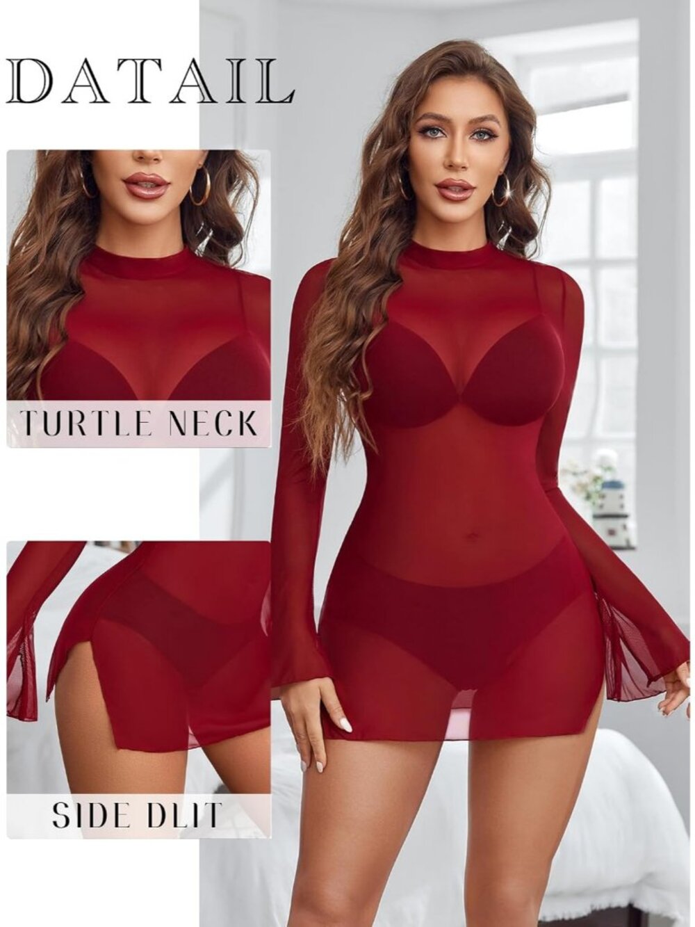 Women's Wine Red Turtle Neck Long Sleeve Pull On Casual Bodycon Mini Dresses - Picture 4 of 6